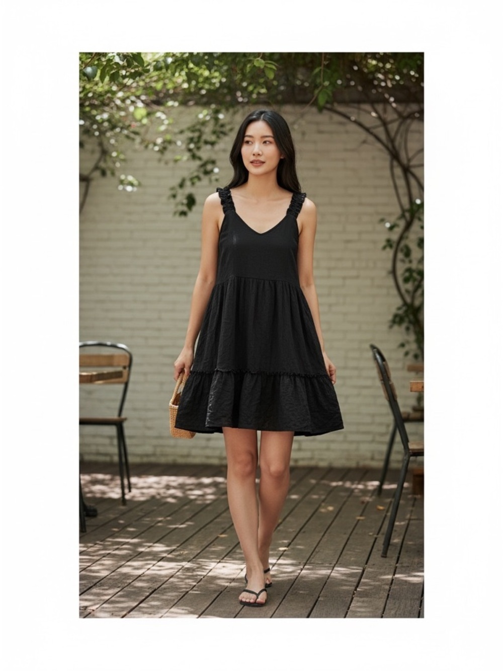 Perch By Blu Pepper-Black V Neck-Ruffled Straps-Tiered-Mini Dress-Size 1X